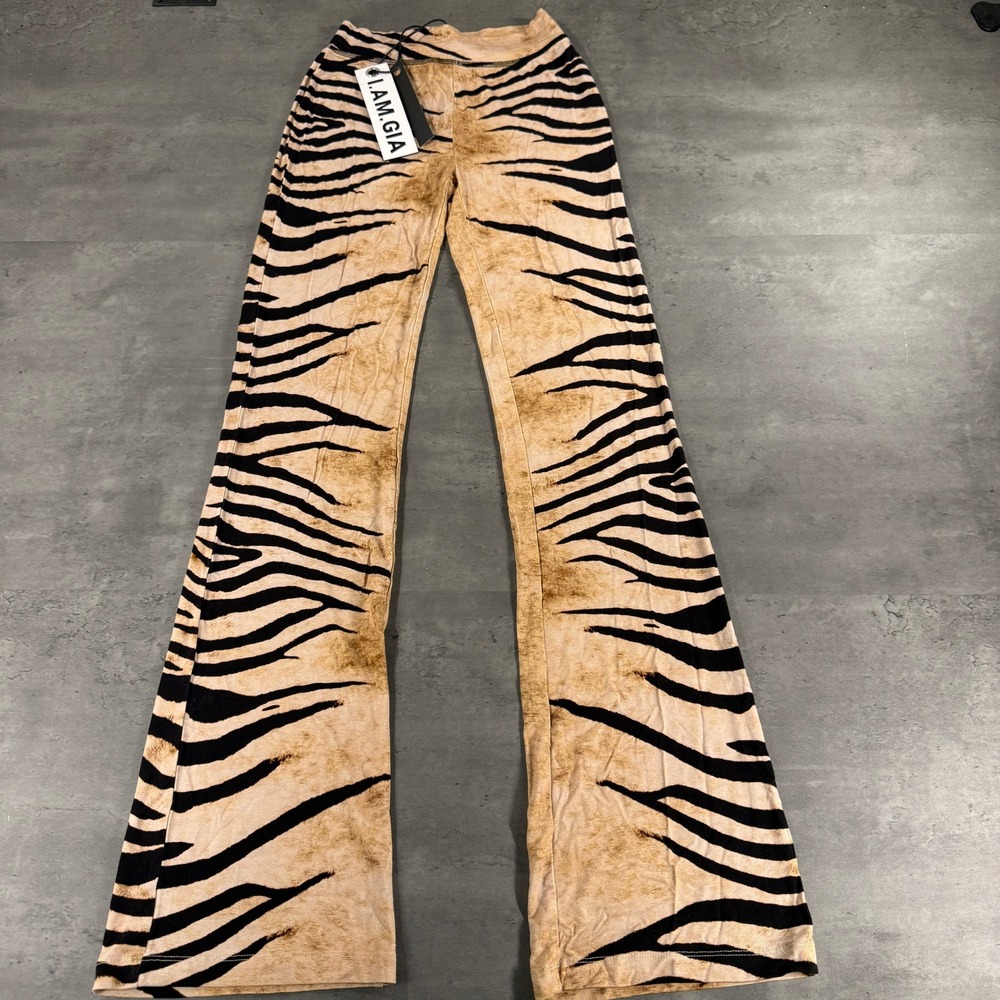 I.AM.GIA Flare Pants Womens XXS Blare Track Wild Side Tan Tiger Stripe NEW $85